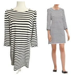NWT Kate Spade Sailing Stripe Dress Black White Scallop Cuff Cotton Knit L